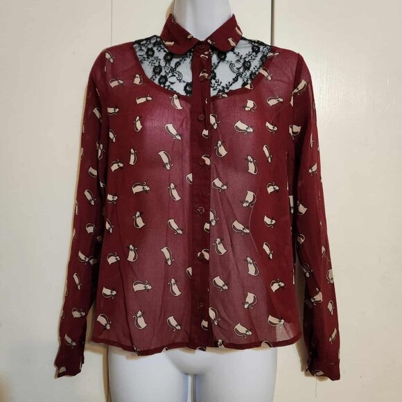 Small Forever 21 Exclusive Maroon Chiffon Sheer Lace Kitty Cat Print Button Top - Picture 1 of 9